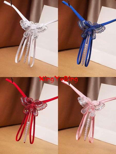 

women's panties pearl ladies sequins embroidery open shift massage appeal transparent mesh low waist t-string pants, Black;pink