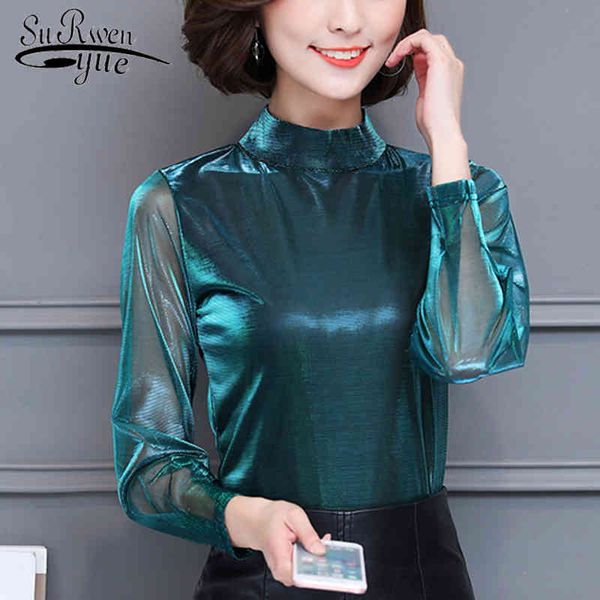 

fashion long sleeve women shirts casual elegant solid mesh clothing slim blouses autumn 6082 50 210508, White