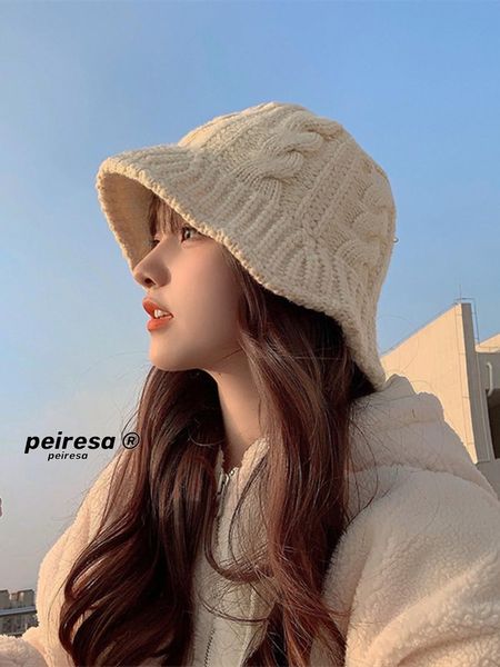 

wide brim hats peiresa-wide bucket hat vintage handmade wool women's autumn and winter warm white knitted 2021, Blue;gray