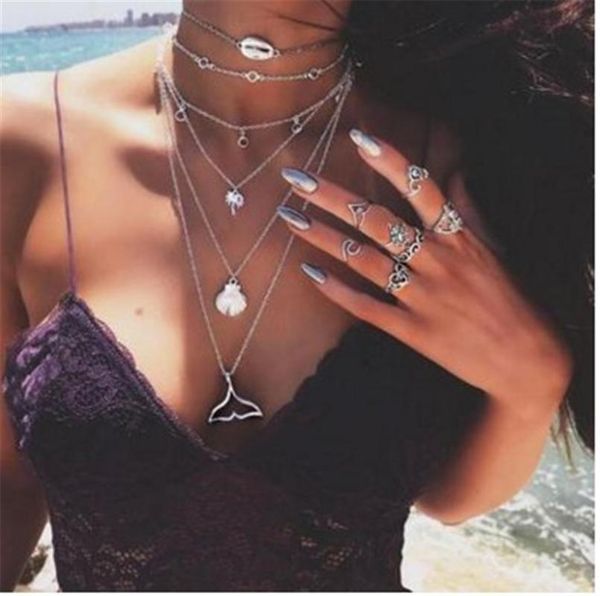 

fashion creative retro alloy shell fish tail 6 layers girl women necklace for jewelry birthday gift part accessories pendant necklaces, Silver