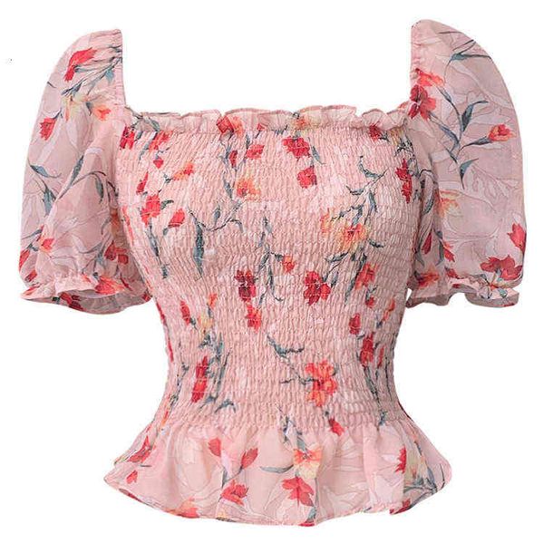 

women's sweaters sweet and beautiful flowers chiffon printed bubble sleev slim french square neck short sleeve short blouse women, White;black