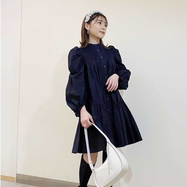 

spring japanese sweet long puff sleeve women vestidos solid o-neck casual femme robe loose fashion patchwork dresses 82649 210525, Black;gray