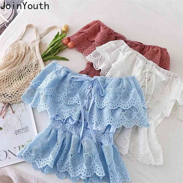 Joinyouth Womens Bluses Crop Tops Bandage Blusas Lace Flor Ruffles Off Ombro Branco Blusa Sexy Coreano Túnica Camisas Roupas 210323