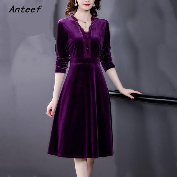 

long sleeve plus size velvet lace vintage for women casual spring autumn dress elegant clothes ladies dresses 210517, Black;gray