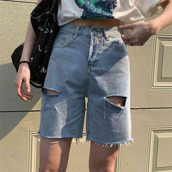 

high waist hole slim casual denim shorts vintage summer woman jeans 210519, Blue