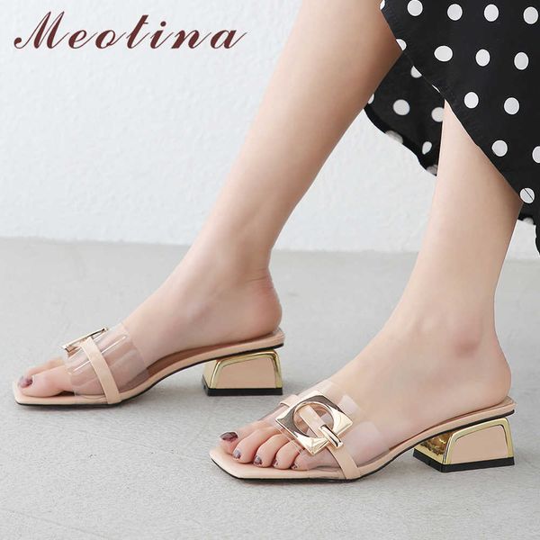 

meotina summer slippers women shoes transparent chunky heels shoes buckle open toe slides ladies sandals green big size 33-43 40 210608, Black