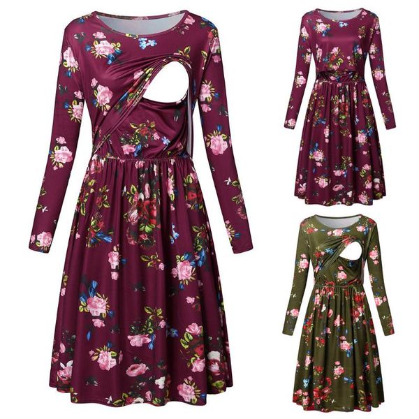 

maternity dresses 2021 breastfeeding dress women pregnant nusring long sleeve print floral o-neck pijama vestido mujer, White