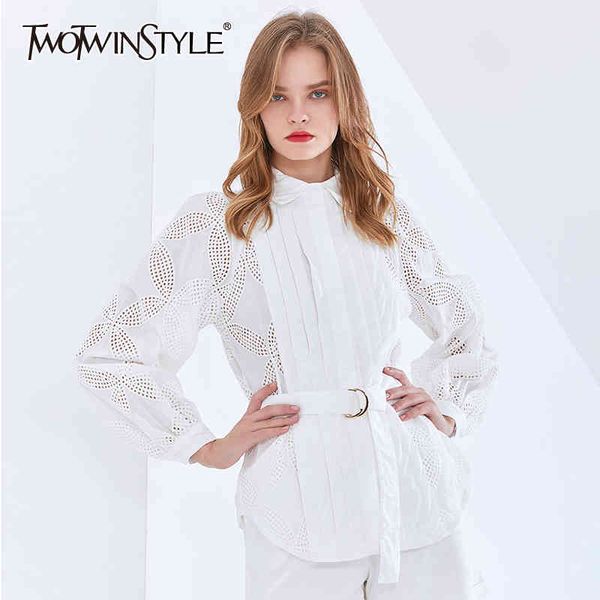 

twotwinstyle casual white shirt for women lapel lantern sleeve tunic sashes elegant blouse female fashion new clothing style 210428