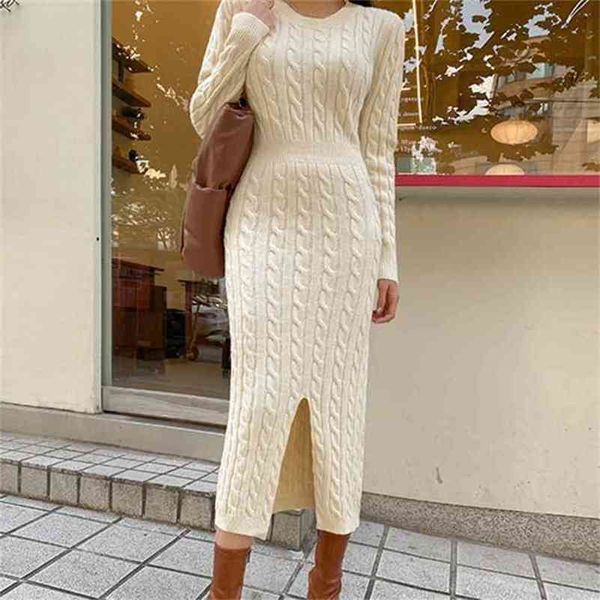 Herbst Winter Gestrickte Pullover Kleid Frauen Midi Lose Langarm Chic Koreaner Strick Twist Muster Vestidos Robe Femme 210603