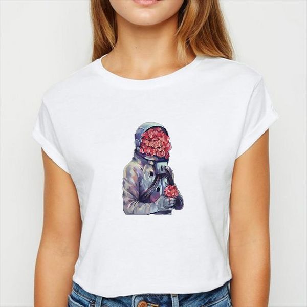 

flower astronaut kawaii spring summer women funny printing design ropa mujer o neck shirts, White