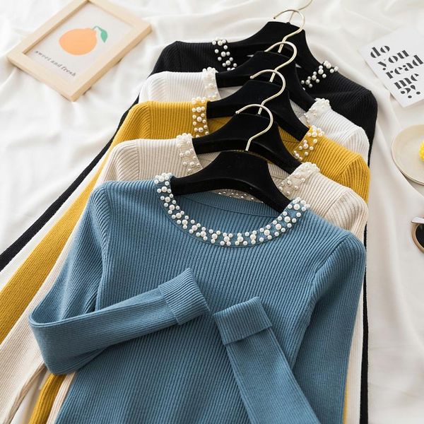 

women's sweaters knitted solid 2021 warm autumn winter women sweater pullover beading basic ribbed cotton, White;black