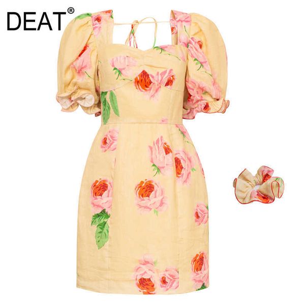 

[deat] spring summer fashion square collar high waist short sleeve printing temperament elegant dress women 13q399 210527, Black;gray