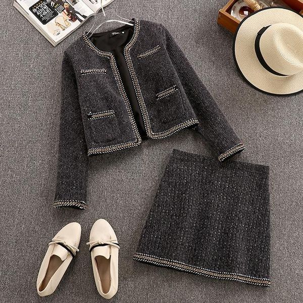 

two piece dress 2021 thin tweed lace coat + skirt two-piece suit 1219, White