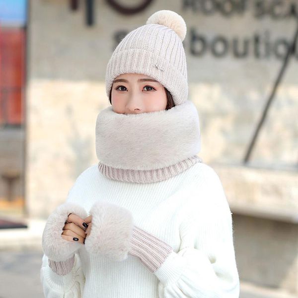 

3pcs/set hat scarf knitted gloves set women beanie cap winter girls caps real natural fur mother kids keep warm hats cycling & masks, Black
