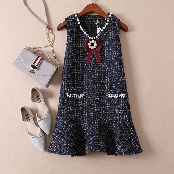 

autumn winter dresses for women luxury style high-end tank vest beading pearls bow tie cashmere woolen blend dress vestidos 210428, Black;gray
