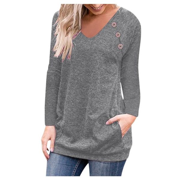 

fashion solid v-neck blouse casual winter ladies button pockets loose bottom female women long sleeve shirt blusas pullover women's bl, White