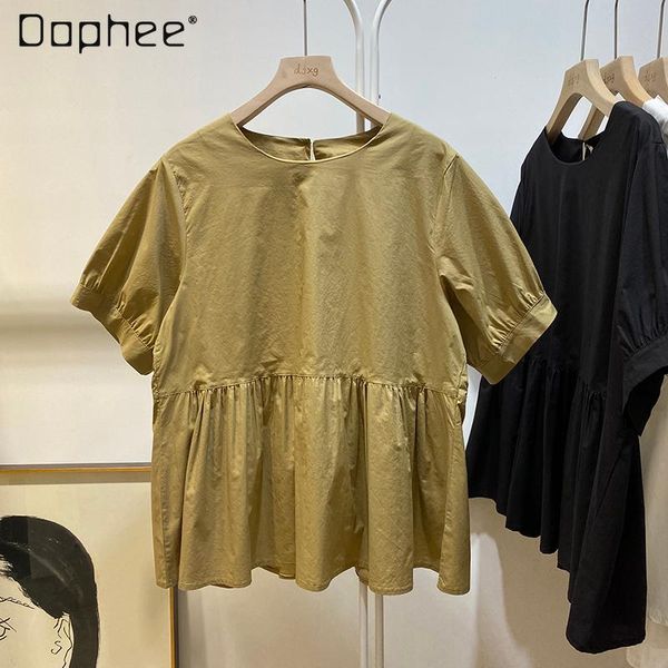 

women's blouses & shirts 2021 summer doll shirt solid color round neck short puff sleeve loose cotton tee, White