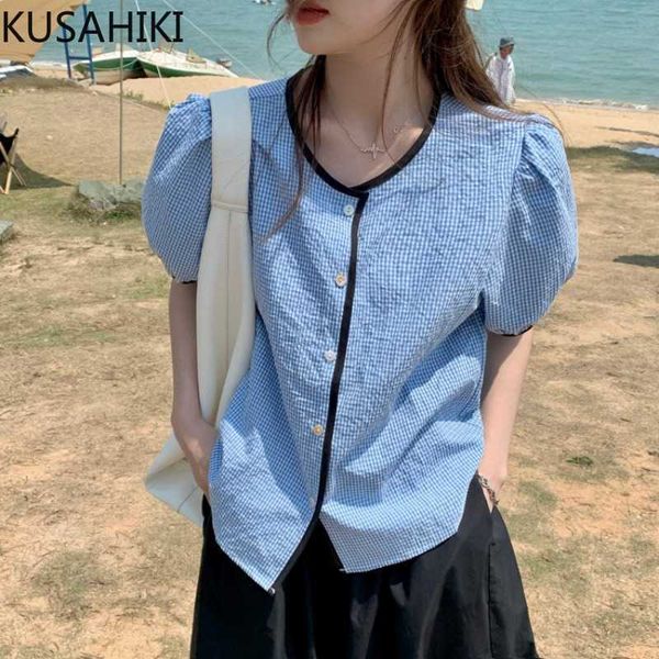 

kusahiki korean plaid shirt puff sleeve singe breasted o-neck blusas causal summer sweer blouse 6h438 210602, White