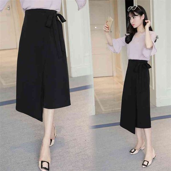 

summer arrival korean style solid high waist irregular black skirt with bow split a line asymmetrical 210527