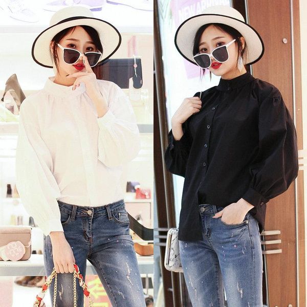 

women's blouses & shirts korean style lady high collar white long sleeve blouse cotton big size puff satin