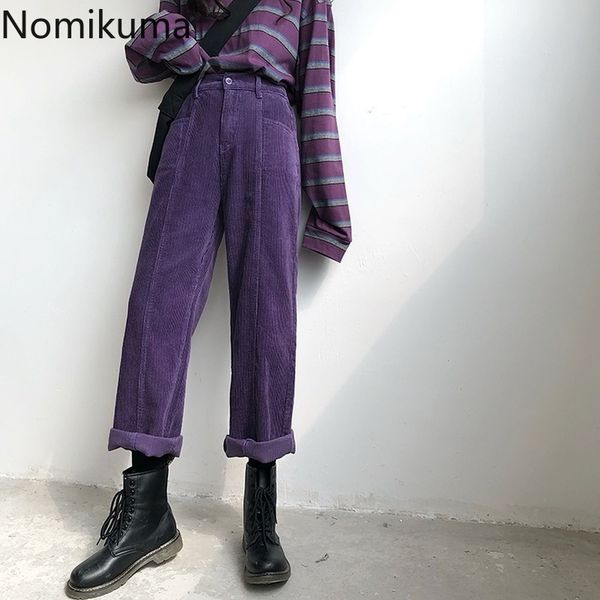 

nomikuma vintage corduroy purple pants women solid color high waist trousers casual fashion straight pantalones mujer 3c691 210319, Black;white