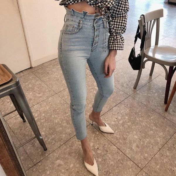 

women's jeans spring women high waist vintage bleached slim buttons light blue denim pencil pants office lady streetwear casual trouser