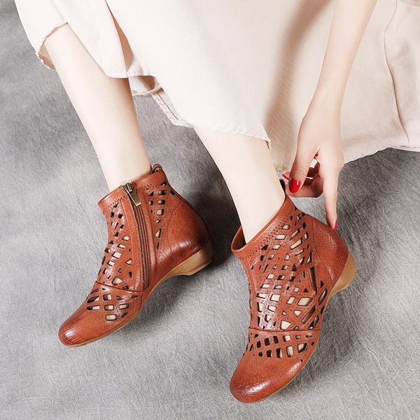 

boots women leather summer shoes embroidery low heels retro for ankle handmade genuine brand, Black