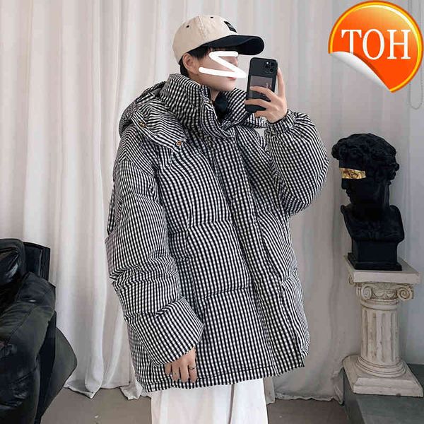 

winter trendy men's thick warm black and white plaid hooded jacket cotton-padded bread coat
