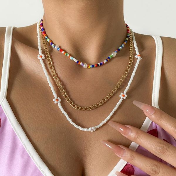 

chokers boho multilayer colorful beaded necklace for women flower beads choker female y2k jewelry, Golden;silver