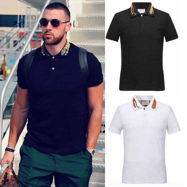 

tiger embroidery collar polo shirt men leisure short sleeved stretch cotton turn neck split hem polo, White;black