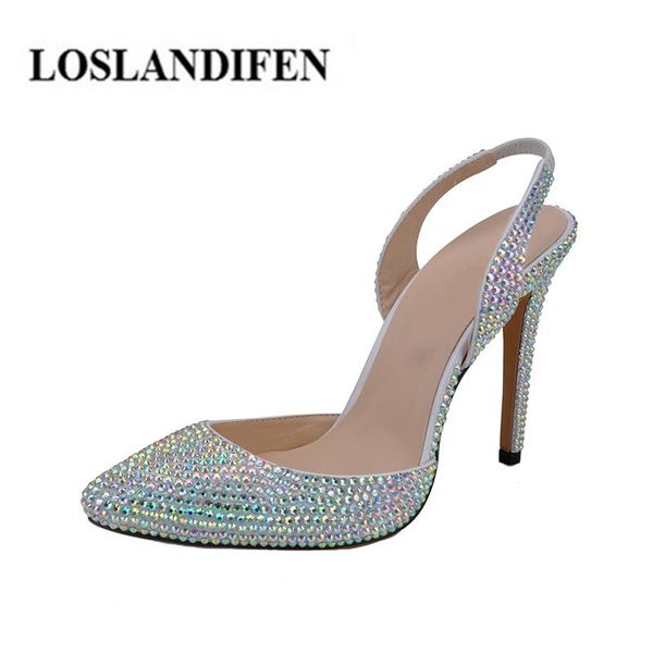 

shoes women wedding crystal pumps slingbacks pointed toe 8cm thin high heels handmade shiny party size42 dress, Black