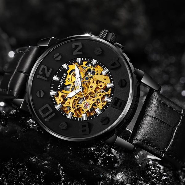 

wristwatches ochstin automatic mechanical retro watch for mens leather waterproof big dial 2021, Slivery;brown