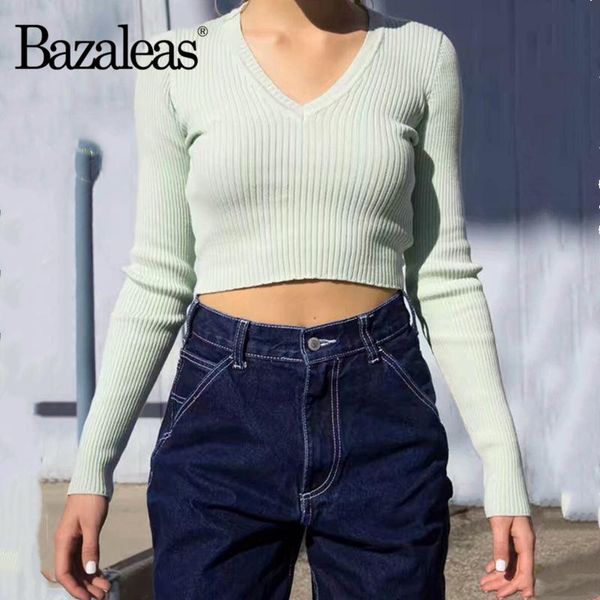 

bazaleas streetwear slim women sweater v neck knitted fashion long sleeve crop women's sweaters, White;black