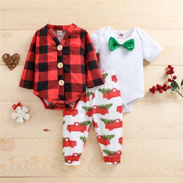 

clothing sets 0-24m baby boy 3pcs christmas set plaid long sleeve romper bowtie short and print trousers infant boys xmas, White