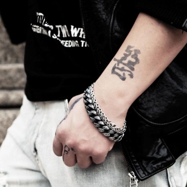 

link, chain punk link bracelet men stainless steel mysterious symbol charm pulseira masculina heavy chunky armband jewelry, Black