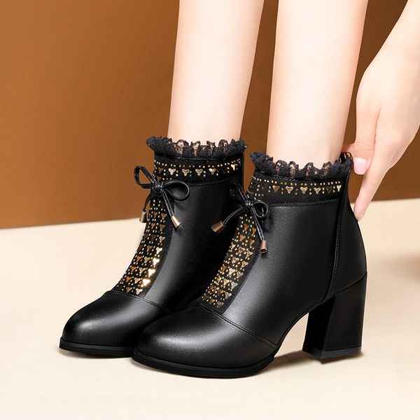 

2022 winter shoes gauze ruffles ankle boots bling high heels dress shoes square heeled booties butterfly botas mujer black 8792n