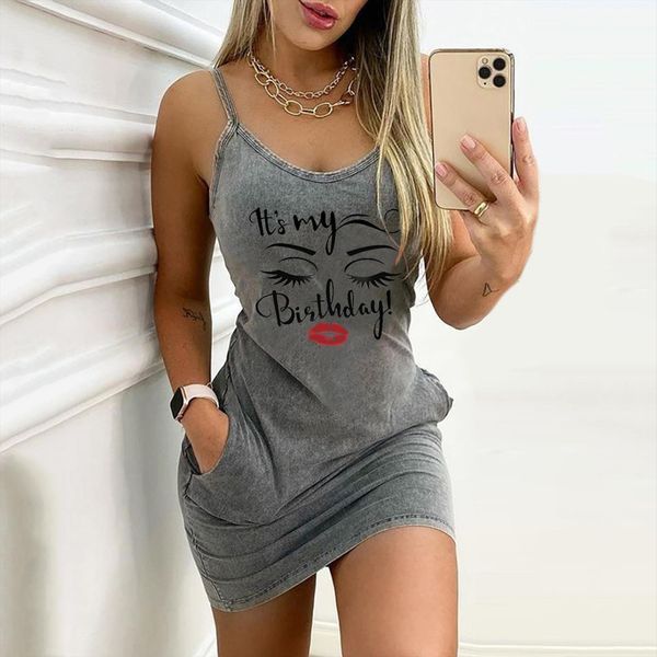 

fashion vest red lips printed women dress waist sleeveless o neck mini dresses for ladies casual, Black;gray