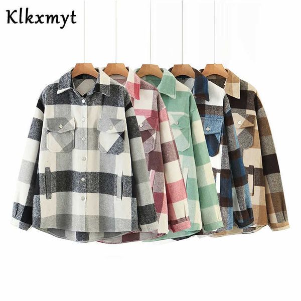 Klkxmyt Winterjacke Damen Mode Klassisch Plaid Damen Umlegekragen Wollmischung Mäntel Langarm Mantel 210527