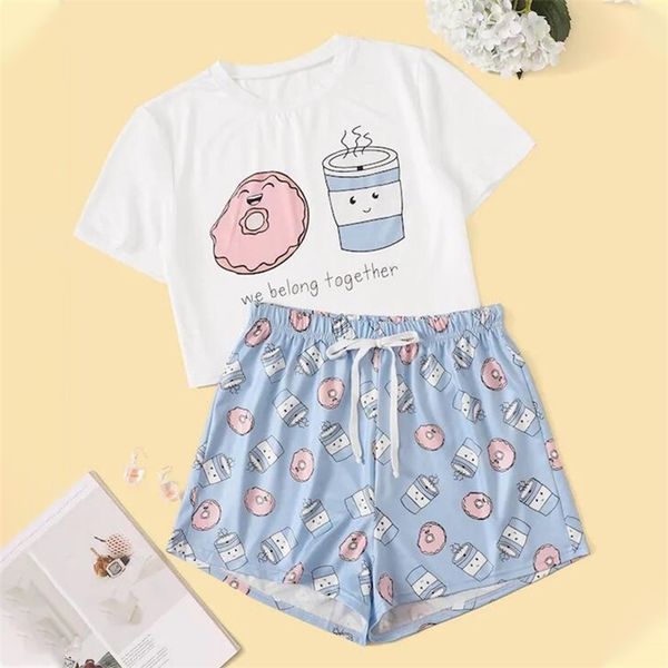 

summer pajama women's set sweet short sleeve t shirt with elastic waist shorts home clothes for women casual female pajamas 210325, Black;red