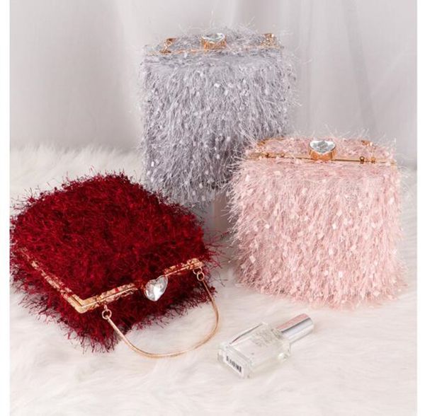 

fairy feather small square bag lady sweet chain handbag banquet clutch tassel lock buckle dinner messenger plush bags, Black