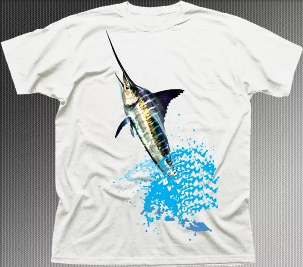 

blue marlin game fishing white boat fish printed tshirt fn9484, White;black