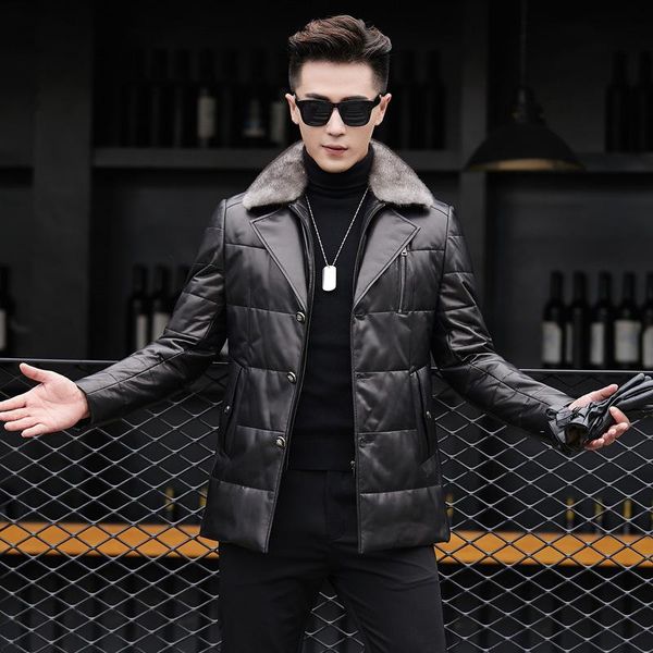 

men's leather & faux men down jacket 2021 fur collar genuine sheepskin coat business slim fit outerwear plus size 4xl, Black