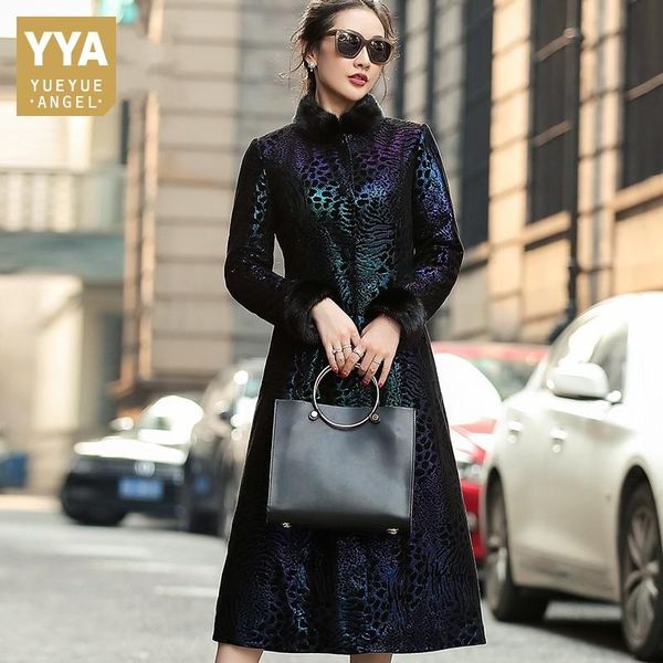 

women's leather & faux lady dream blue leopard print sheepskin down jacket stand collar covered button warm winter genuine coat women o, Black