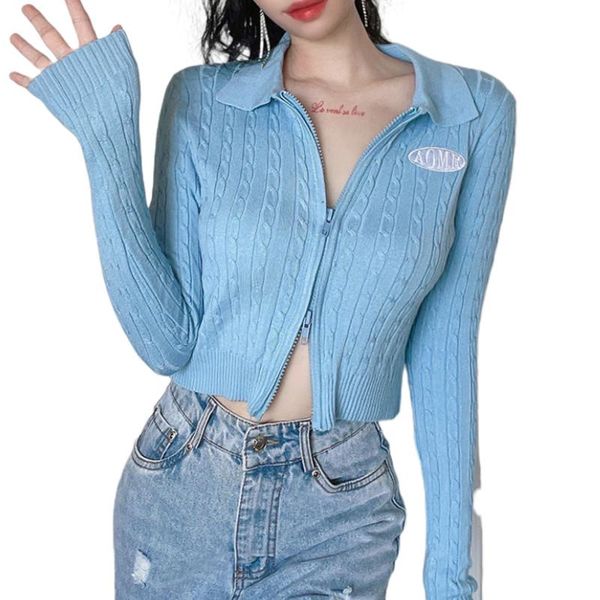 

women's knits & tees women short cable-knit sweater, adults embroidery long sleeve turn-down collar zipper cardigan autumn winter, White
