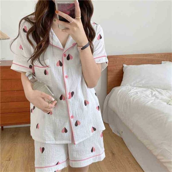 Sleepwear Impresso Soft Verão Verão Loose Homewear Algodão Chique Femme Vintage Doce Pijama Casual Sets 210525