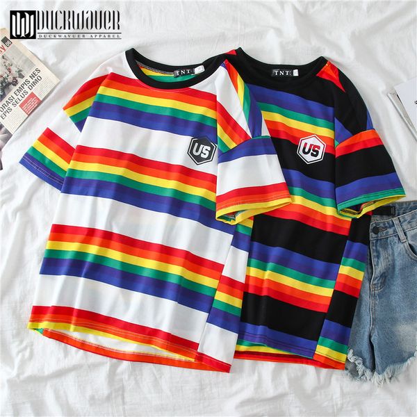 

duckwaver summer rainbow striped women t-shirt geometirc o neck short sleeve female casual sweet basic tee tshirt 210317, White