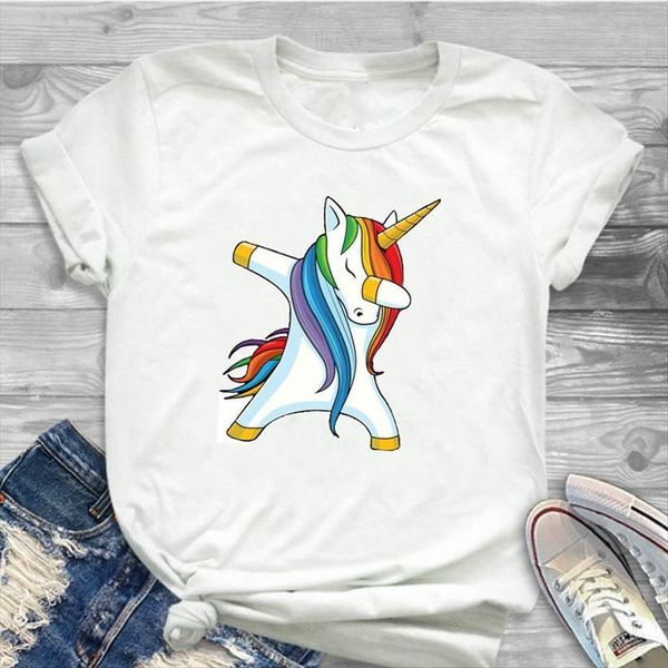 

hair unicorn shy printed womens short sleeve loose tee female clothes graphic, White