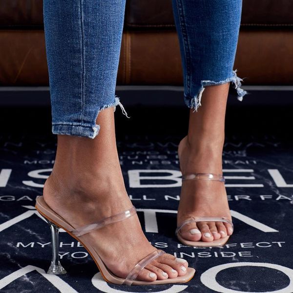 

slippers 2021 europe shoes a- line transparent sling toe covering thin heeled high-heeled 35-42 l, Black