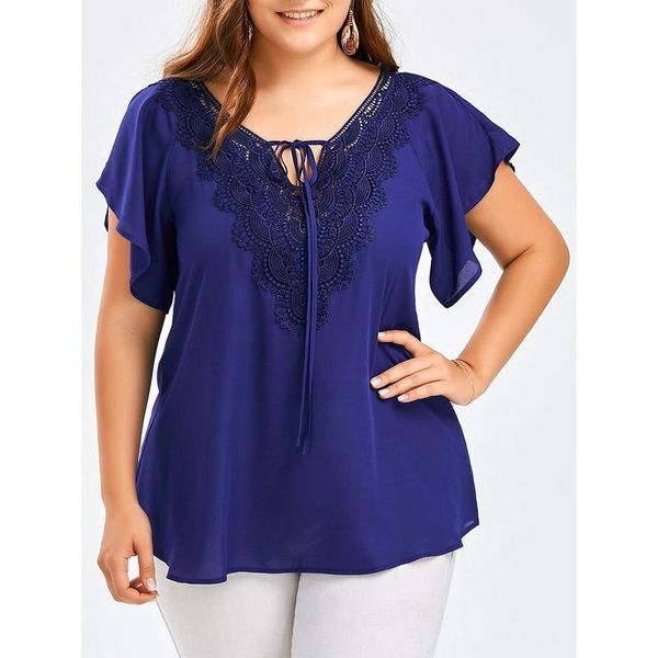 

2019 summer new trumpet sleeve t-shirt lace splicing large women's wear, White