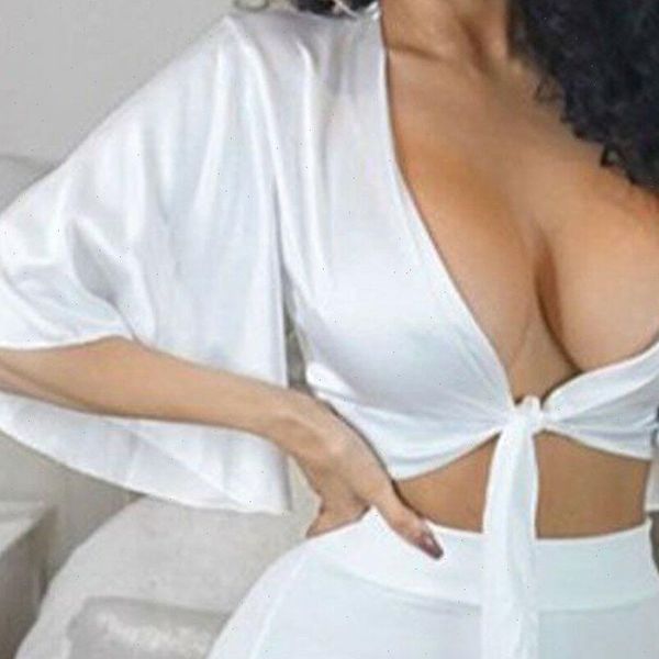 

womens women floral ladies v neck tie knot front flared sleeve plunge crop drop, White